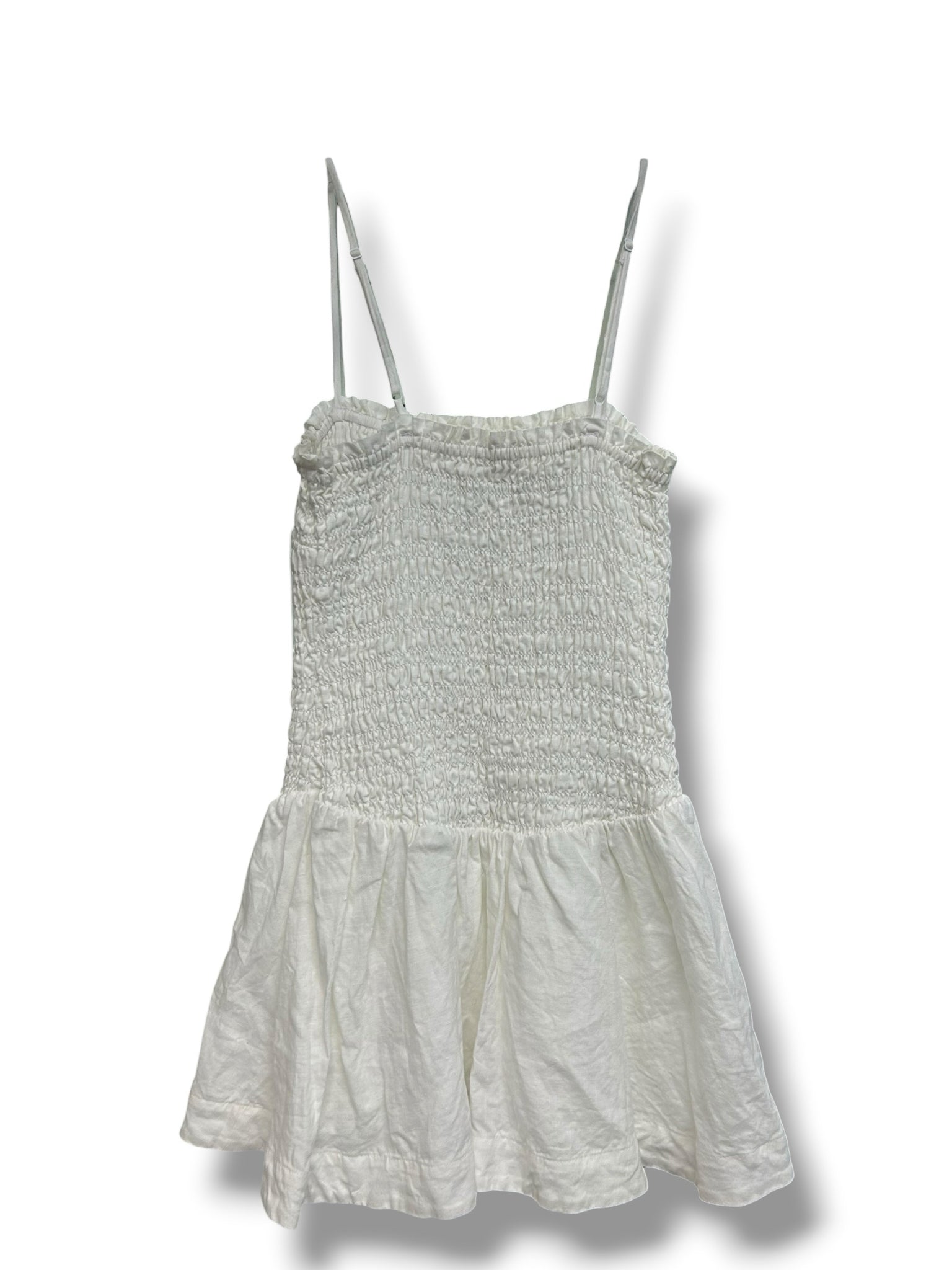 ARITZIA WILFRED CORINNE SMOCKED WHITE STRAPPY LINEN MINI DRESS SIZE SMALL