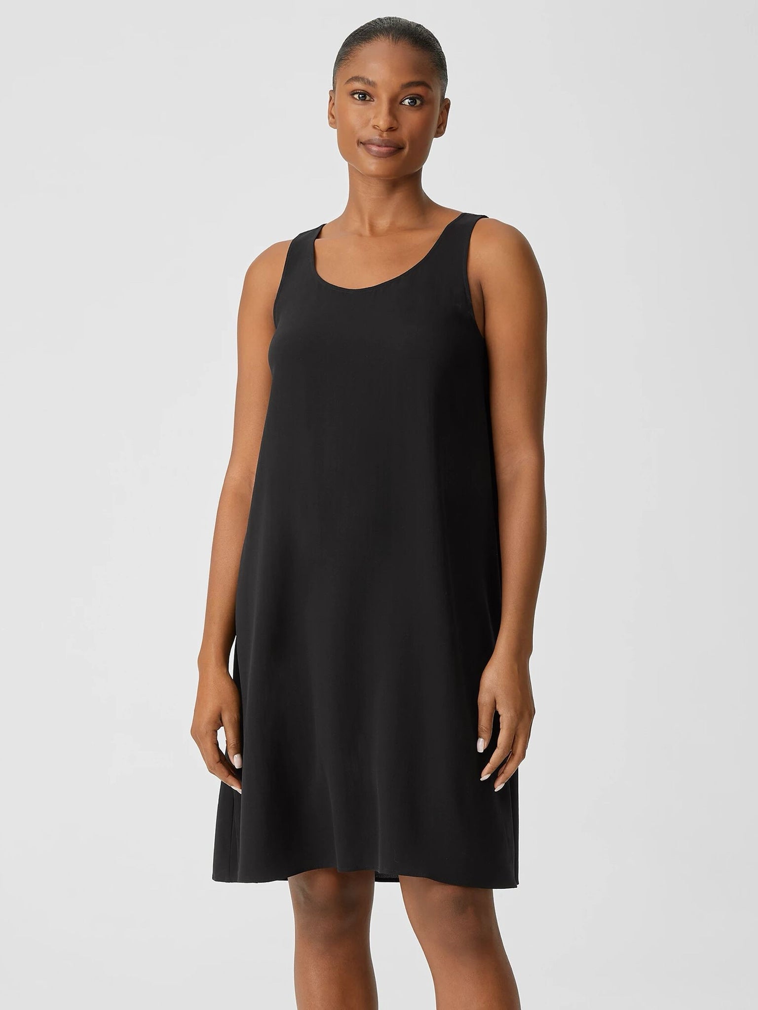 EILEEN FISHER BLACK SILK GEORGETTE CREPE TANK MINI DRESS SIZE MEDIUM