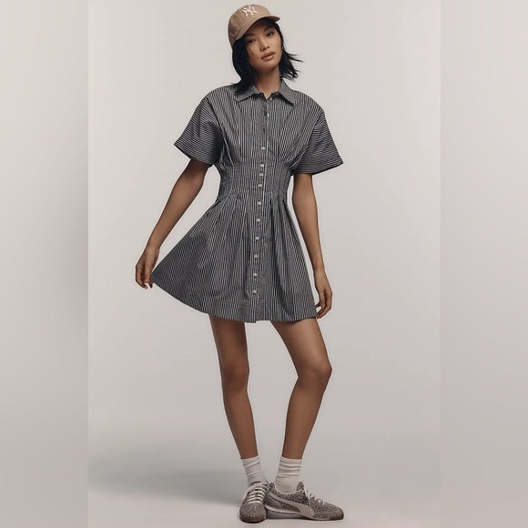 ANTHROPOLOGIE EXQUISE TOBIE MINI SHIRT DRESS GRAY STRIPED SIZE MEDIUM