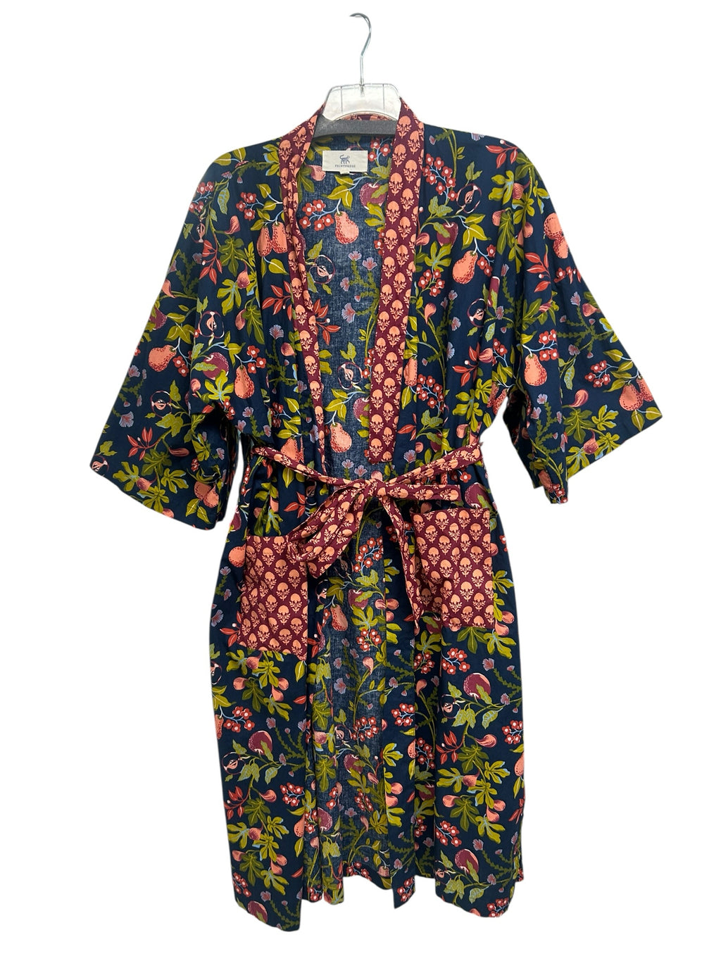 ANTHROPOLOGIE PRINTFRESH ORGANIC COTTON FRUIT AND FLORAL BELTED ROBE SIZE L/XL