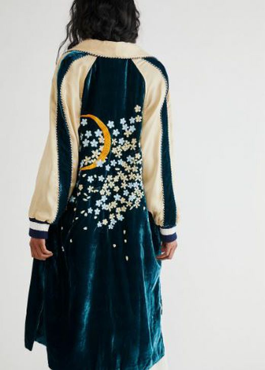 FREE PEOPLE SUNDOWN VELVET EMBROIDERED TEAL DUSTER KIMONO SIZE XS - WEARHOUSE  CONSIGNMENT