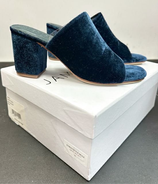 JAMES SMITH BLUE VELVET MULE HEEL SANDAL 36