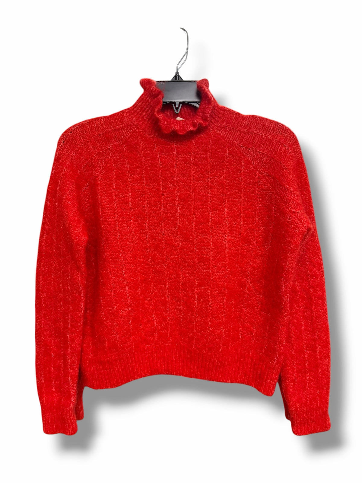 SEZANE MOHAIR MARINO WOOL LORIS JUMPER RED RUFFLE HIGH NECKLINE SIZE SMALL