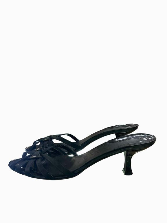 FERRAGAMO STRAPPY PATENT KITTEN HEEL SLIDE SIZE: 9.5
