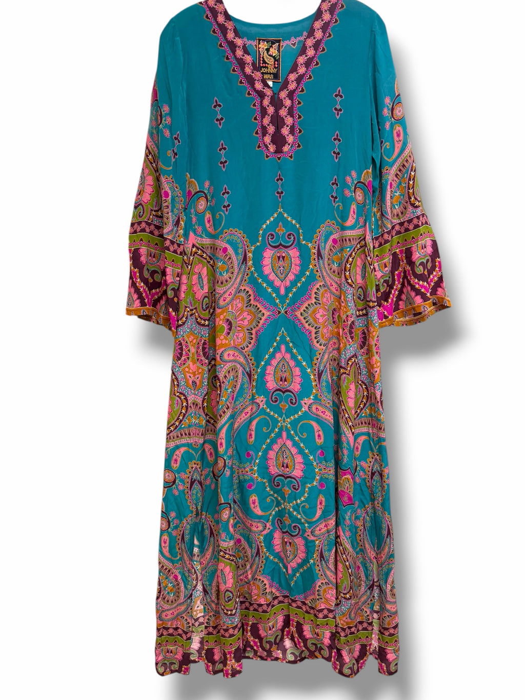 JOHNNY WAS JUDITH SILK PAISLEY PRINT TEAL MAXI DRESS SIZE SMALL