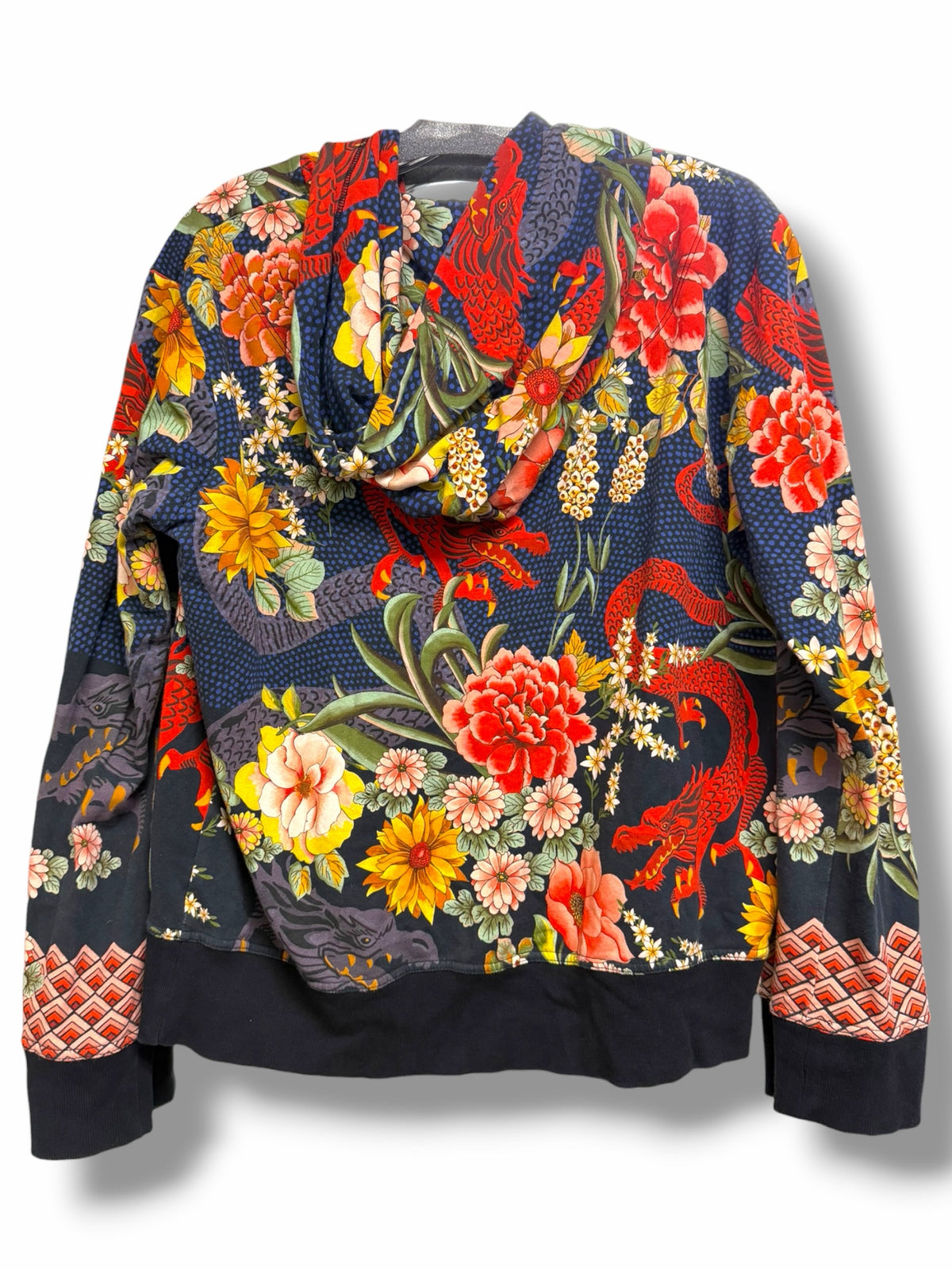 JOHNNY WAS MULTI COLOR FULL ZIP DRAGON FLORAL PRINT HOODIE SIZE MEDIUM