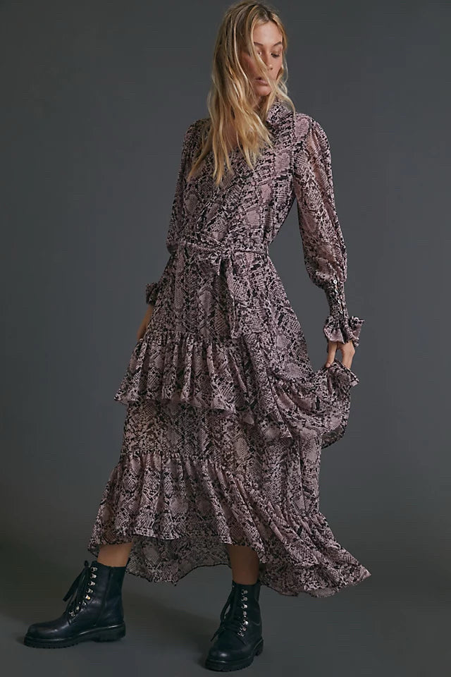 MISA VALENTINA SNAKE PRINT RUFFLE TIERED PINK MAXI DRESS SIZE SMALL