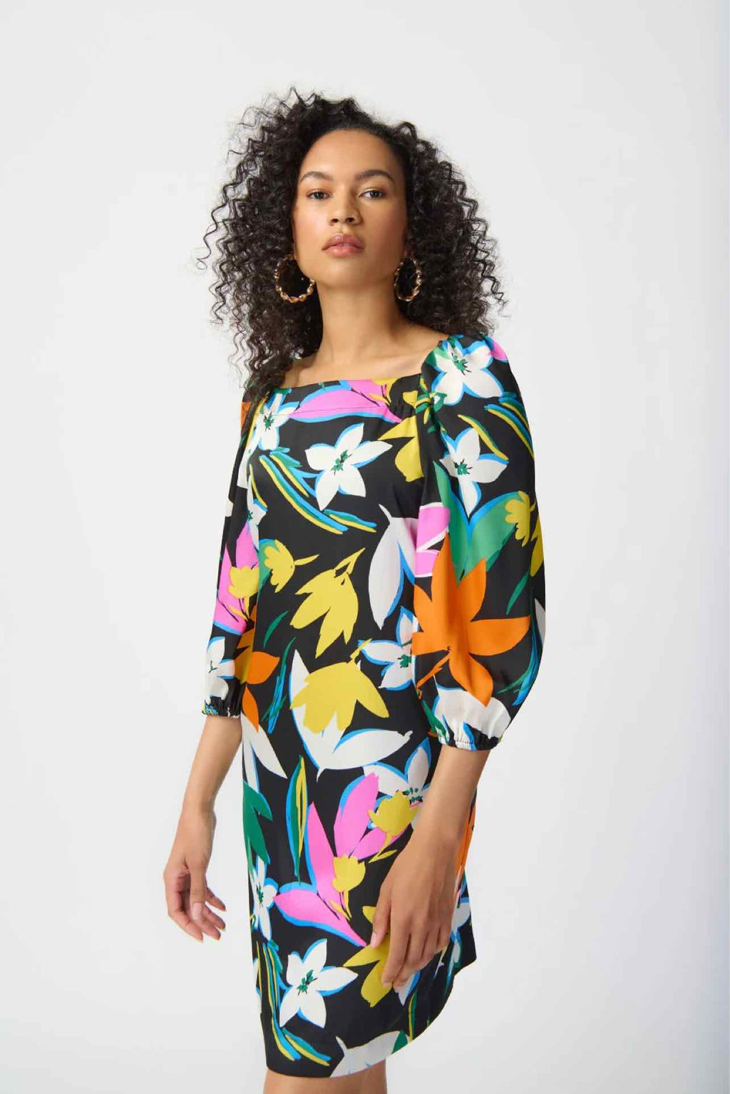 JOSEPH RIBKOFF MULTI FLORAL PRINT SATIN DRESS SIZE: 2
