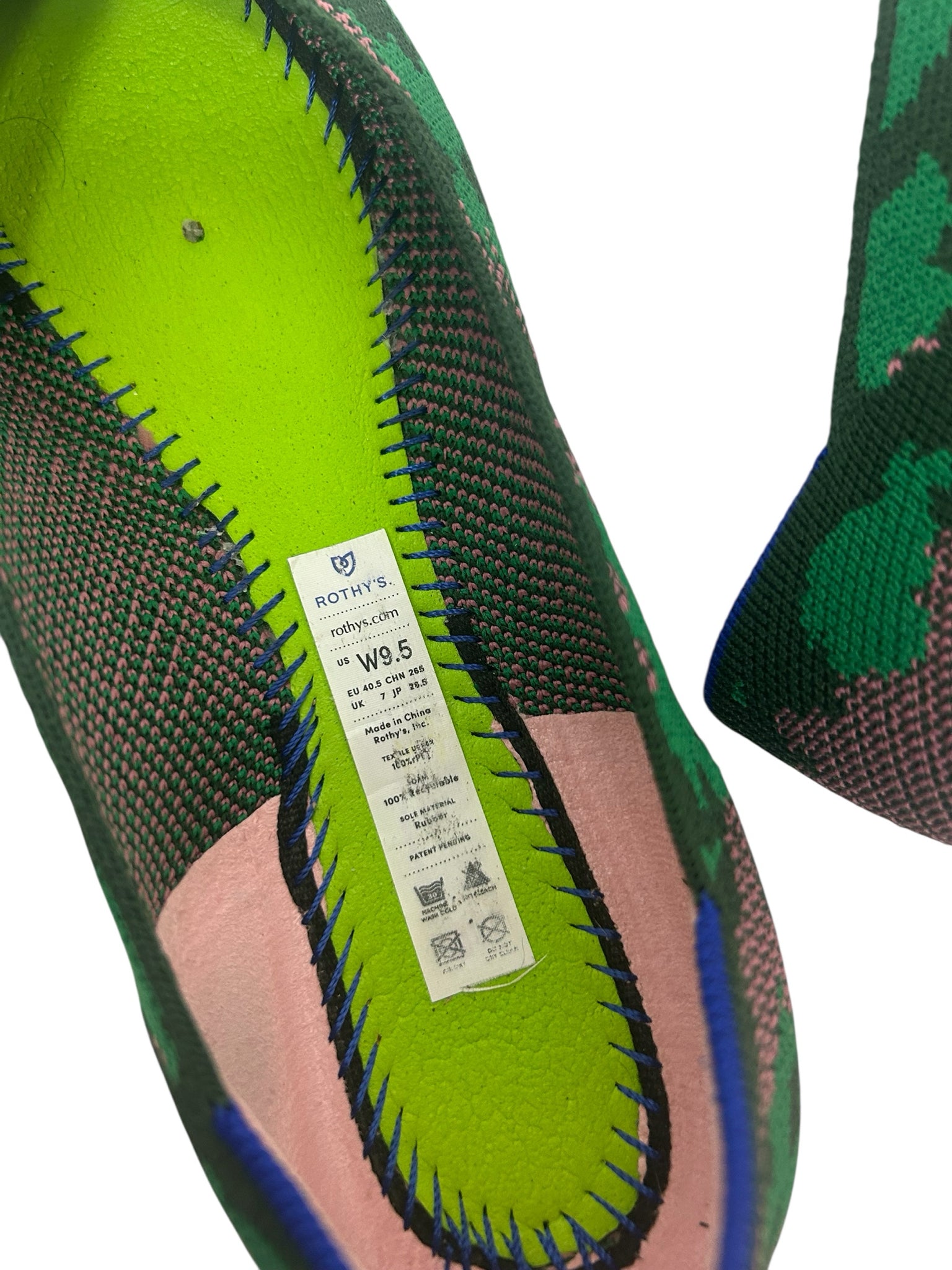ROTHY'S THE POINT BOTANICAMO KNIT FLAT GREEN PINK W BOX SIZE 9.5