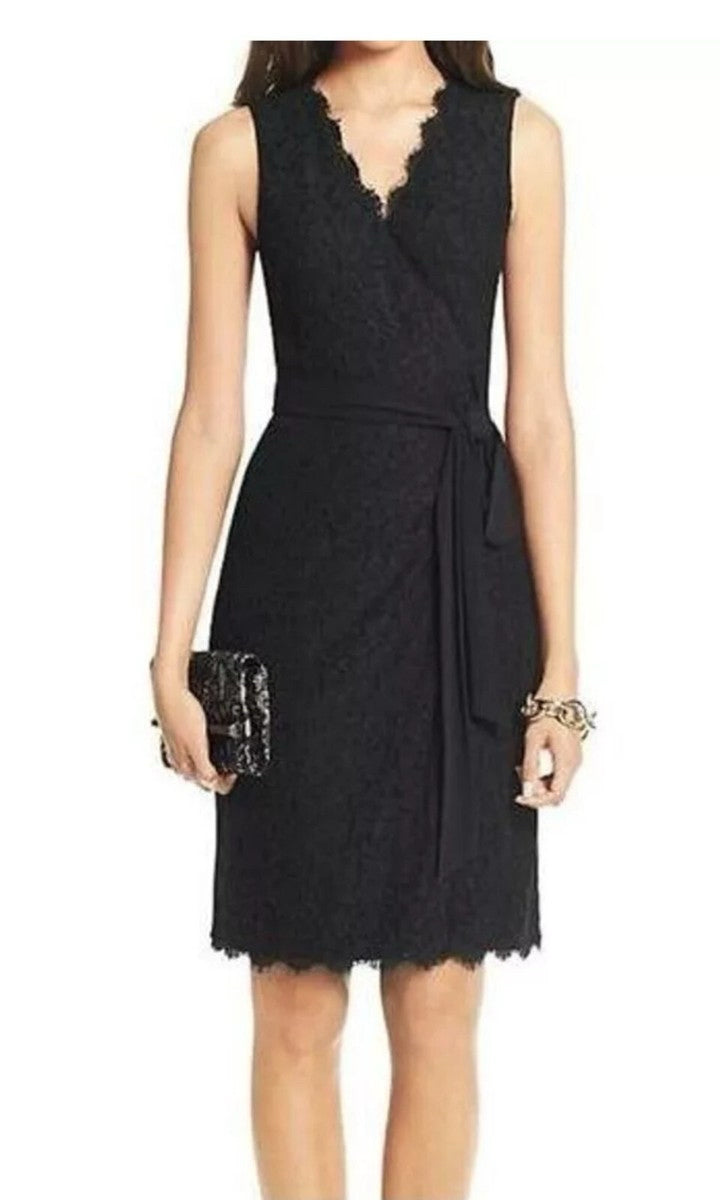 DVF JULIANNA BLACK LACE SLEEVELESS WRAP DRESS SIZE 8