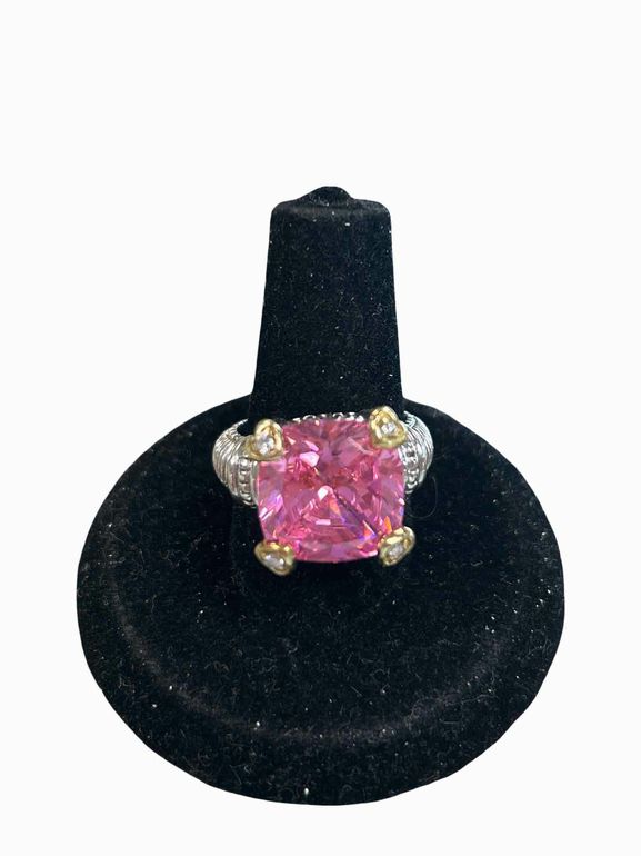 JUDITH RIPKA FONTAINE 18K GOLD STERLING SILVER PINK CRYSTAL DIAMOND HEART RING SIZE: 6