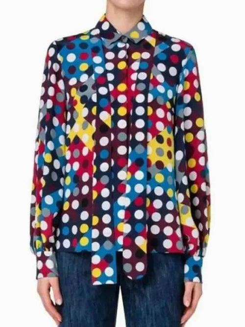 AKRIS DIAMOND POLKA DOT TIE NECK SILK BLOUSE SIZE: 10