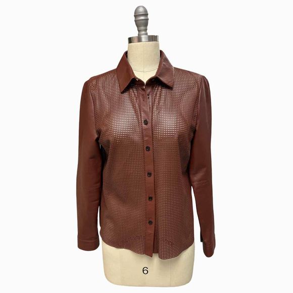 WORTH 100% LEATHER PERFORTED BUTTON UP BROWN SHIRT SIZE S