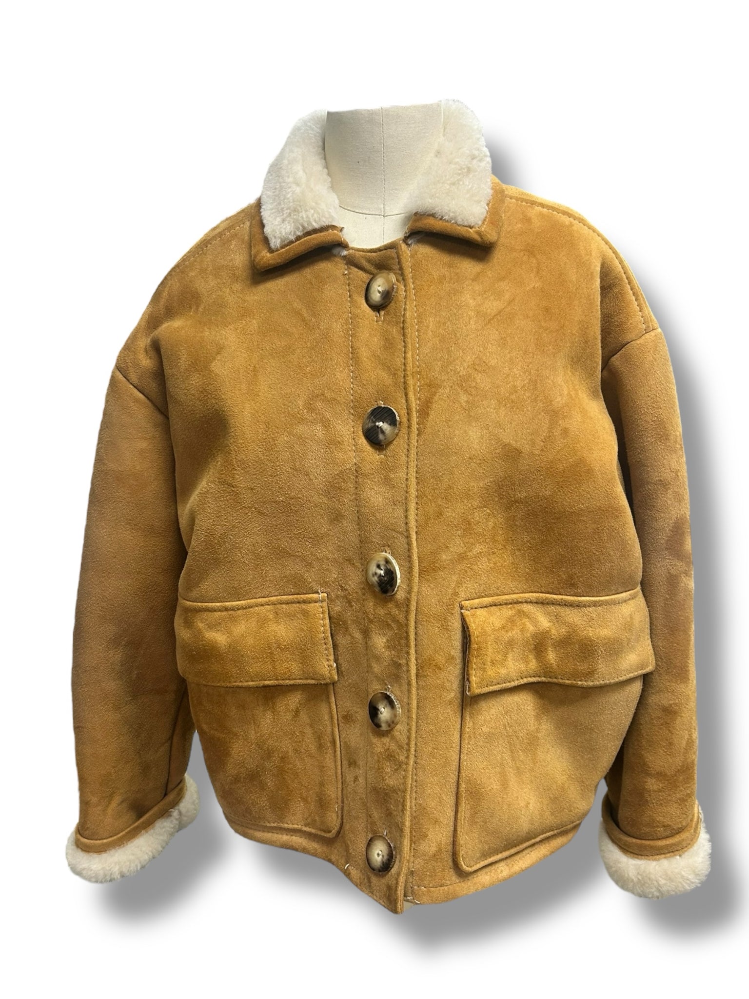 OVERLAND VINTAGE CROP SHEARLING SHEEPSKIN ANTLER BUTTONS SIZE MEDIUM