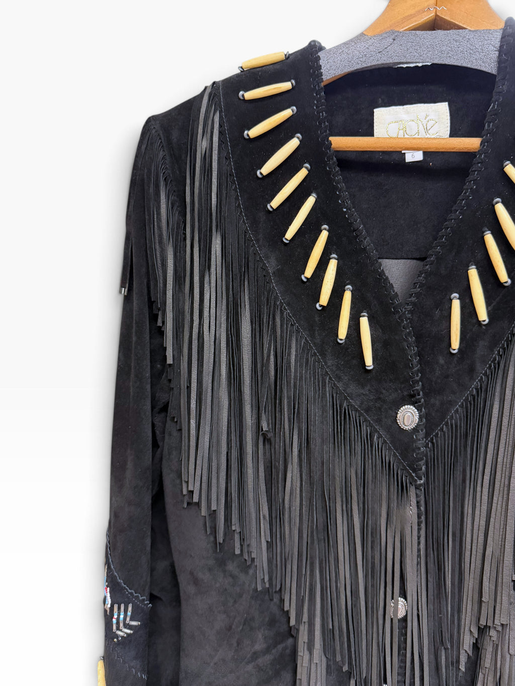 VINTAGE CACHE SUEDE LEATHER NAVAJO BEADED FRINGE BLACK JACKET SIZE 6