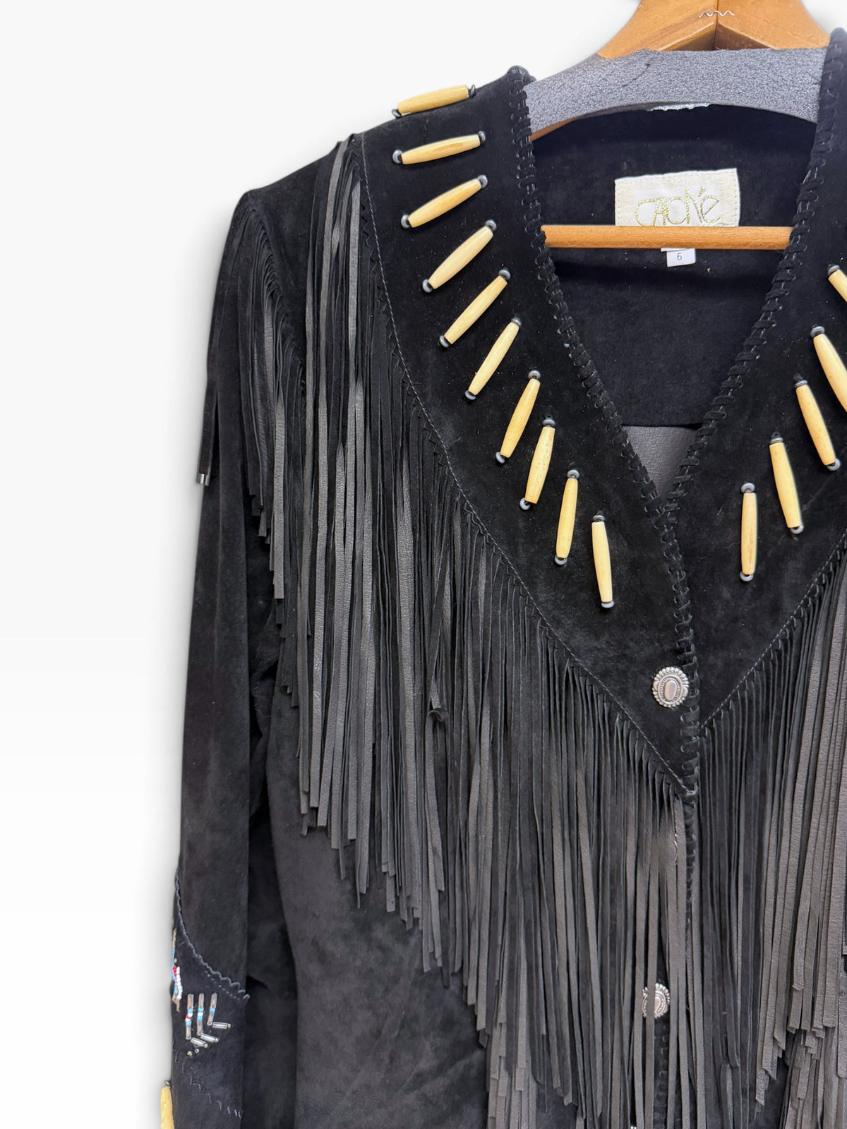 VINTAGE CACHE SUEDE LEATHER NAVAJO BEADED FRINGE BLACK JACKET SIZE 6