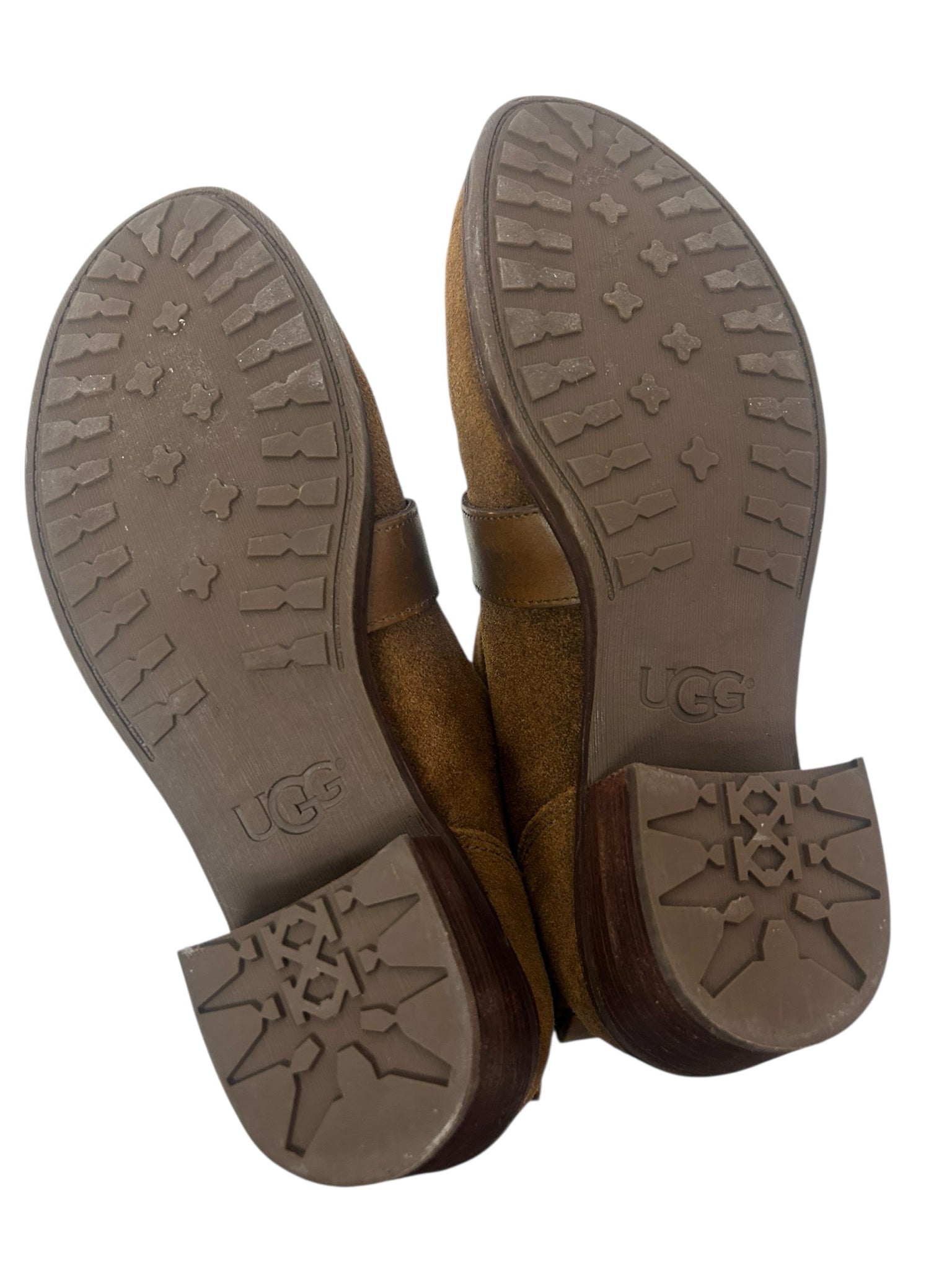 UGG WRIGHT BELTED SUEDE BOOTIE TAN STACKED SIZE 6.5