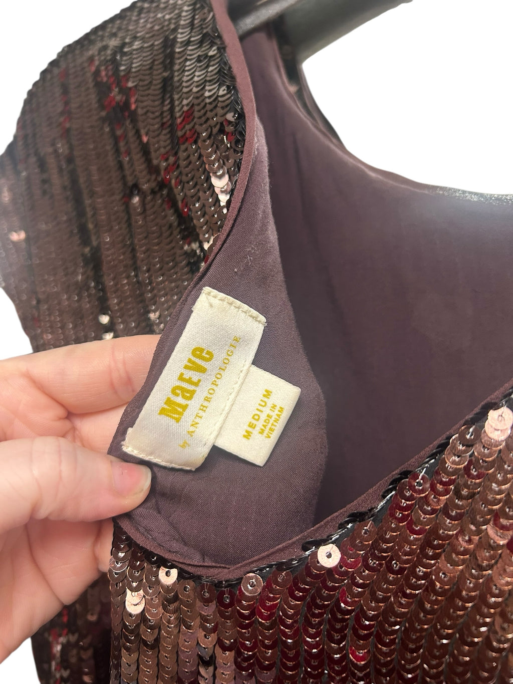 ANTHROPOLOGIE MAEVE KARA BROWN SEQUIN V BACK MINI DRESS SIZE MEDIUM