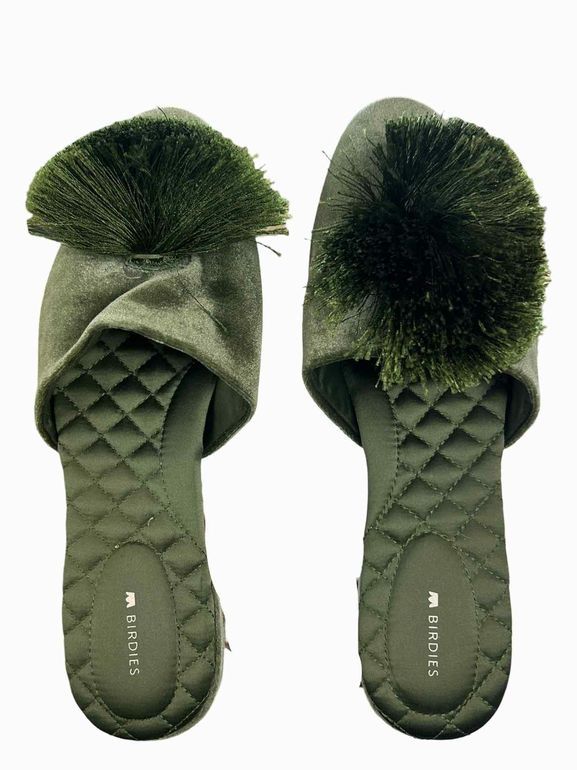 BIRDIES  SONGBIRD VELVET POM POM MULES IN OLIVE GREEN SIZE: 11