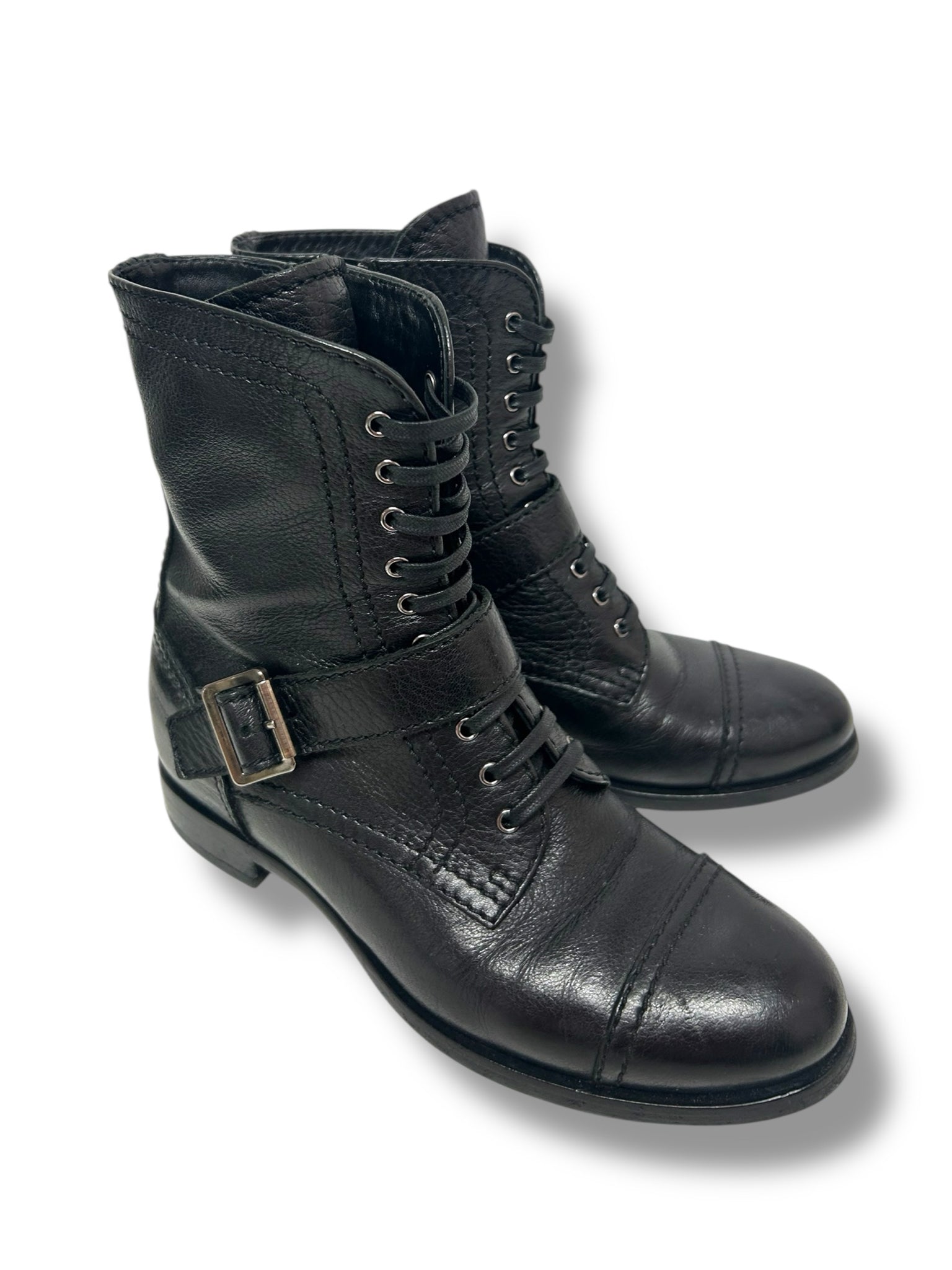 PRADA BLACK BUCKLE LEATHER COMBAT BOOT SIZE 38