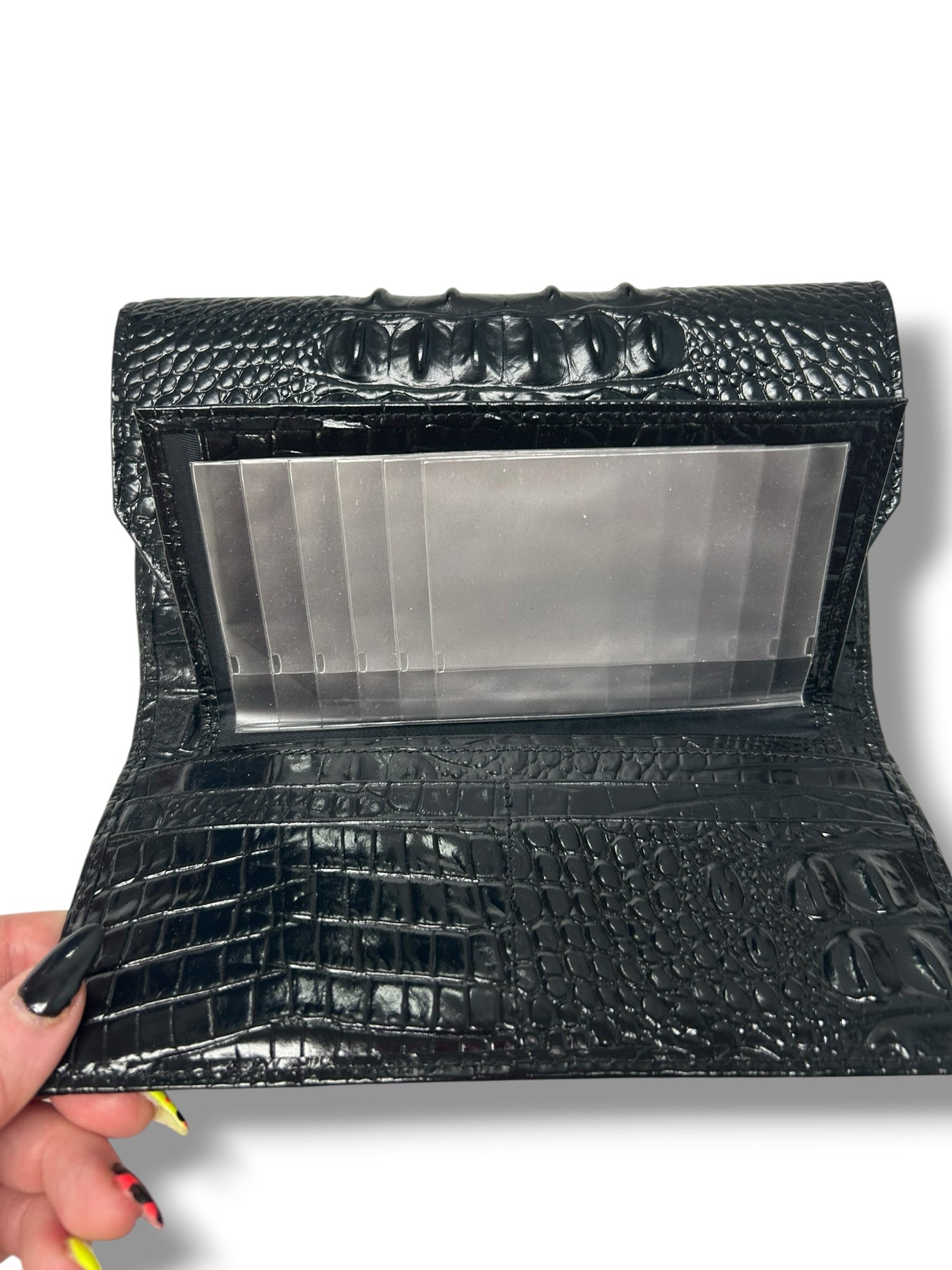BRAHMIN CORDELIA BLACK CROC EMBOSSED FOLD OVER WALLET IN BLACK MELBOURNE