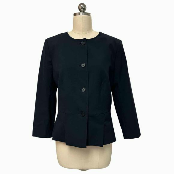 ANN TAYLOR NWT! THE PLEATED CREWNECK NAVY JACKET IN SEASONLESS STRETCH SIZE 10