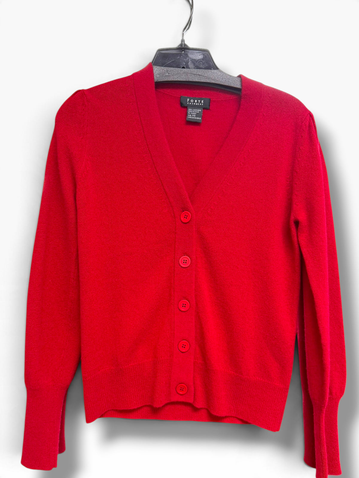 FORTE CHERRY RED CASHMERE SHORT V NECK CARDIGAN SIZE XS