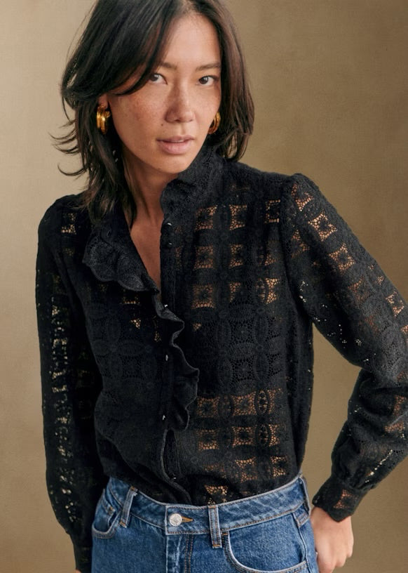 SEZANE CHLO SHIRT GUIPURE LACE BLOUSE BLACK SIZE 48