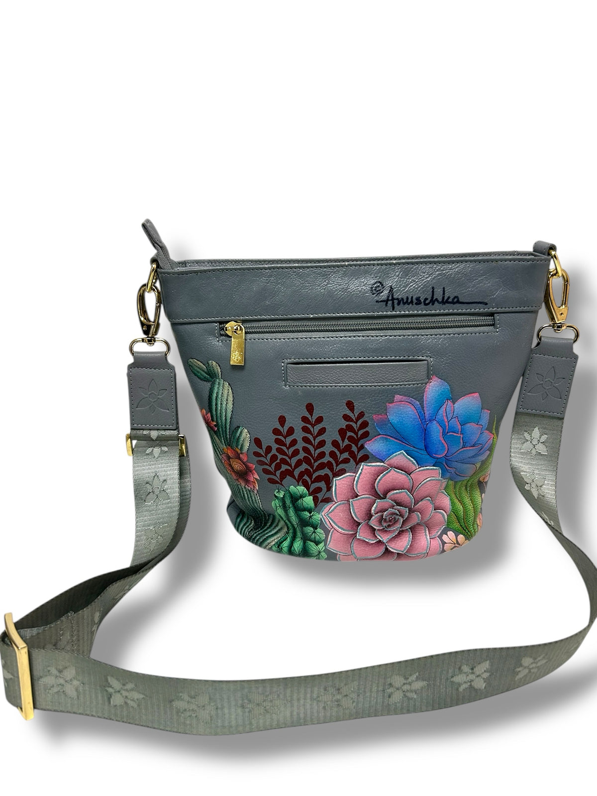 ANUSCHKA HAND PAINTED DESERT GARDEN CROSSBODY GRAY LEATHER