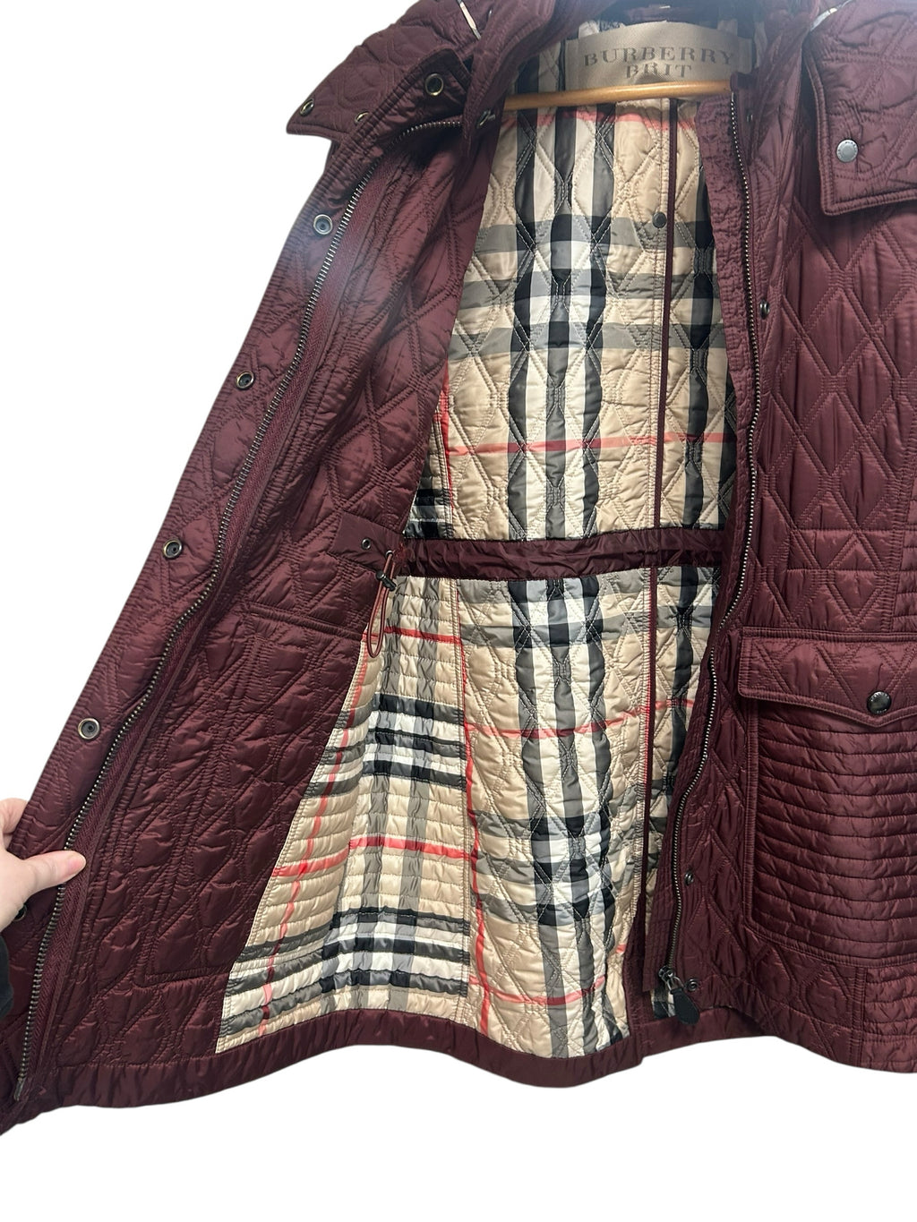 BURBERRY BRIT QUILTED BURGUNDY FINSBRIDGE BAUGHTON HOODED JACKET SIZE L