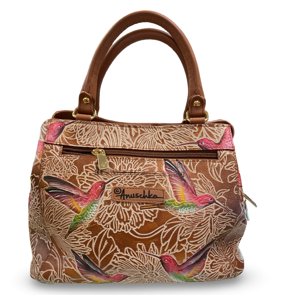 ANUSCHKA MULTI COMPARTMENT SATCHEL TOOLED BIRDS TAN