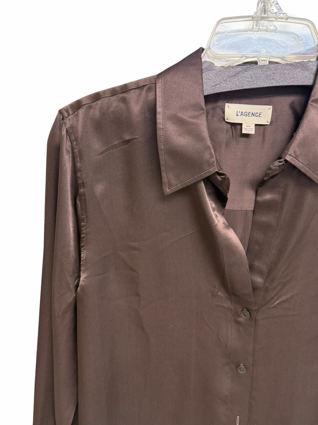 L'AGENCE CHOCOLATE BROWN TYLER SATIN SILK BUTTON DOWN BLOUSE SIZE MEDIUM