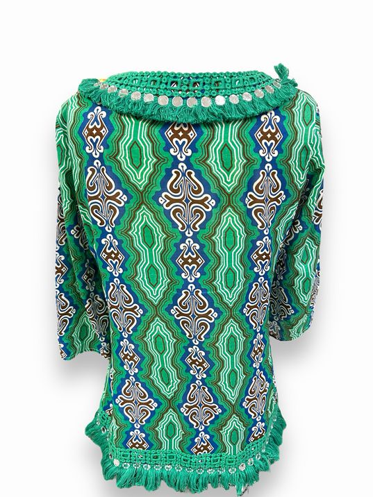 TORY BURCH STEPHANIE GREEN FRINGE MIRROR COTTON TUNIC TOP SIZE4