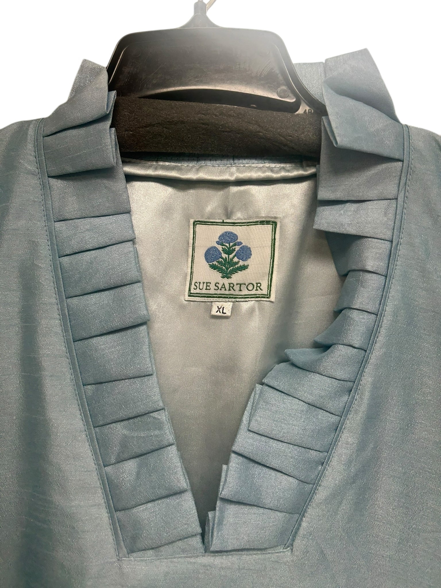 SUE SARTOR LIGHT BLUE FLOUNCE LONG SLEEVE TAFFETA MAXI SILK DRESS SIZE XL