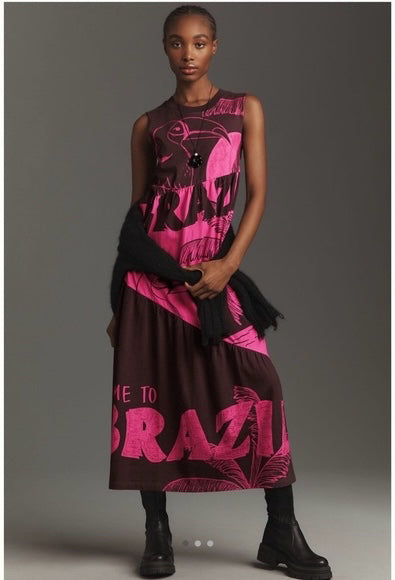 NWT ANTHROPOLOGIE FARM RIO BRAZIL PINK GRAPHIC TIERED TANK DRESS SIZE XS