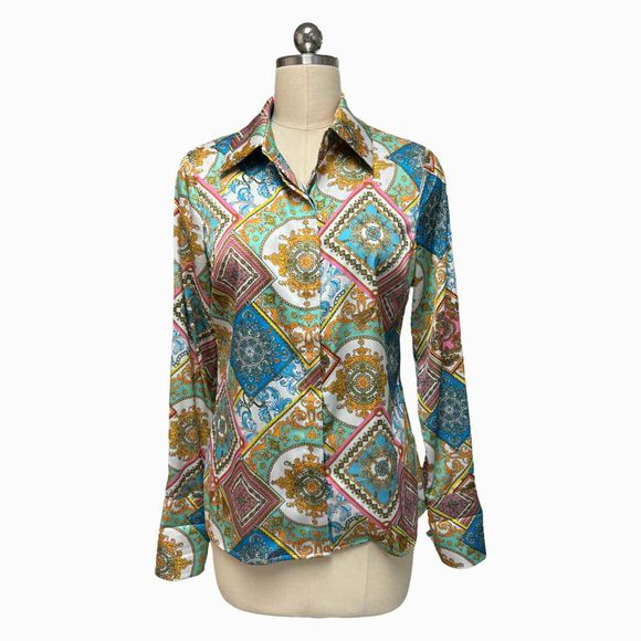 BOSTON PROPER PATCHWORK STATUS SOPHIA CHARMEUSE MULTI-COLOR BLOUSE SIZE 6