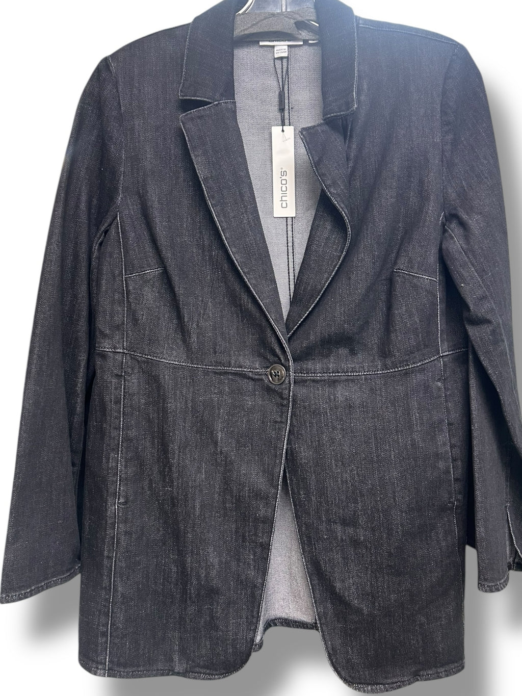 NWT CHICO'S BLACK STRETCH DENIM SINGLE BUTTON BLAZER SIZE 0 US SMALL