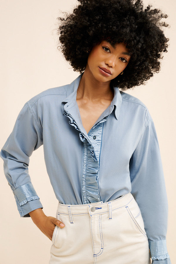 NWT FREE PEOPLE WE THE FREE THE NIGHT MOVES BLUE SATIN RUFFLE TOP SIZE M