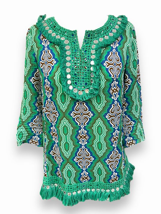 TORY BURCH STEPHANIE GREEN FRINGE MIRROR COTTON TUNIC TOP SIZE4