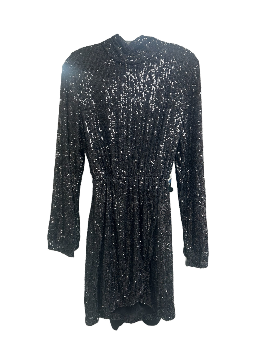 NWT ASTRID  BLACK SEQUIN MOCK NECK LONG SLEEVE MINI FAUX WRAP DRESS SIZE MEDIUM