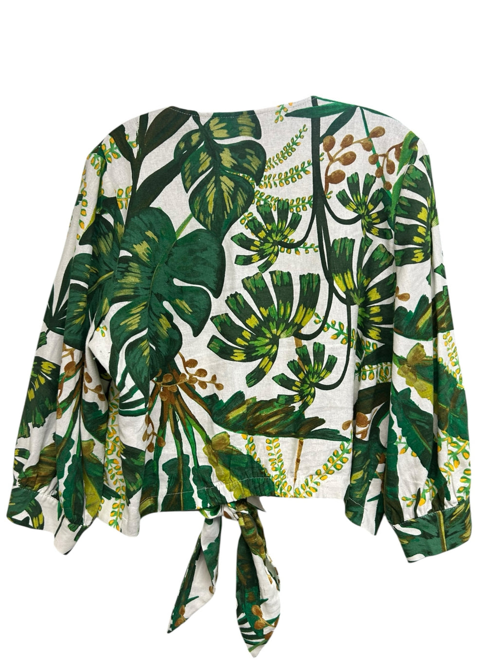 JOIE GREEN PALM PRINT LINEN RAYON BUTTON UP TIE FRONT BLOUSE SIZE LARGE