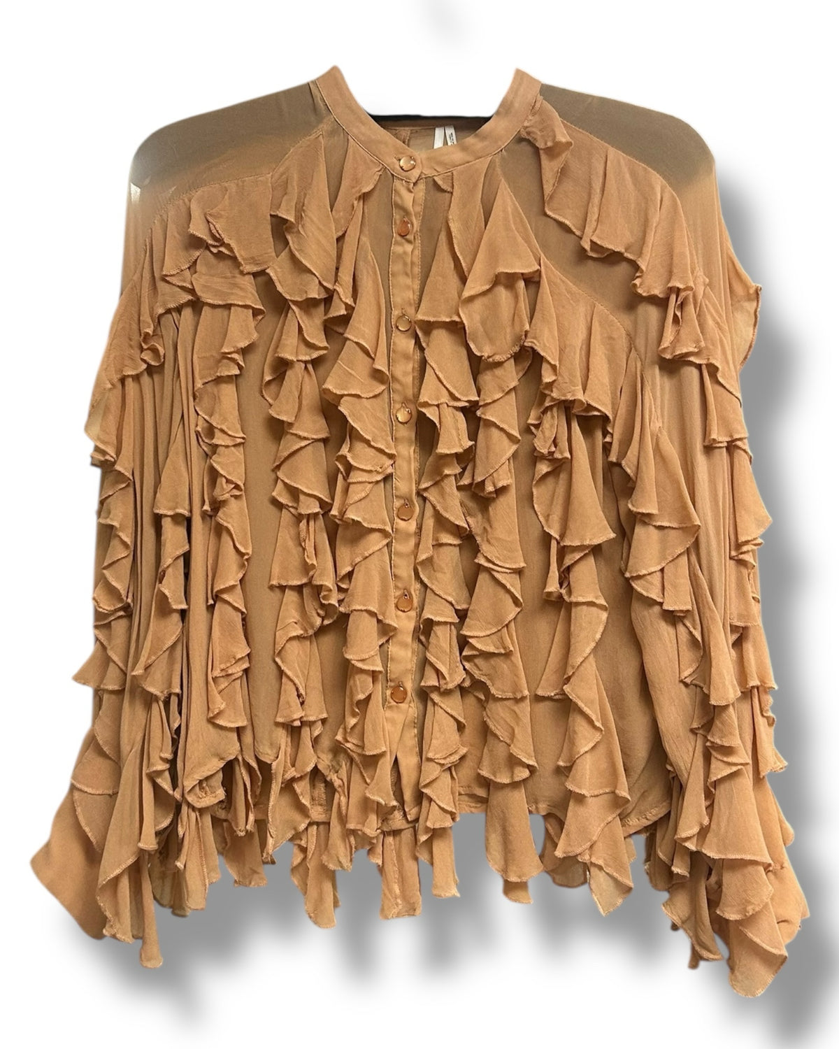 ANTHROPOLOGIE SHEER RUFFLE PEACH LONG SLEEVE BUTTON DOWN BLOUSE SIZE SMALL