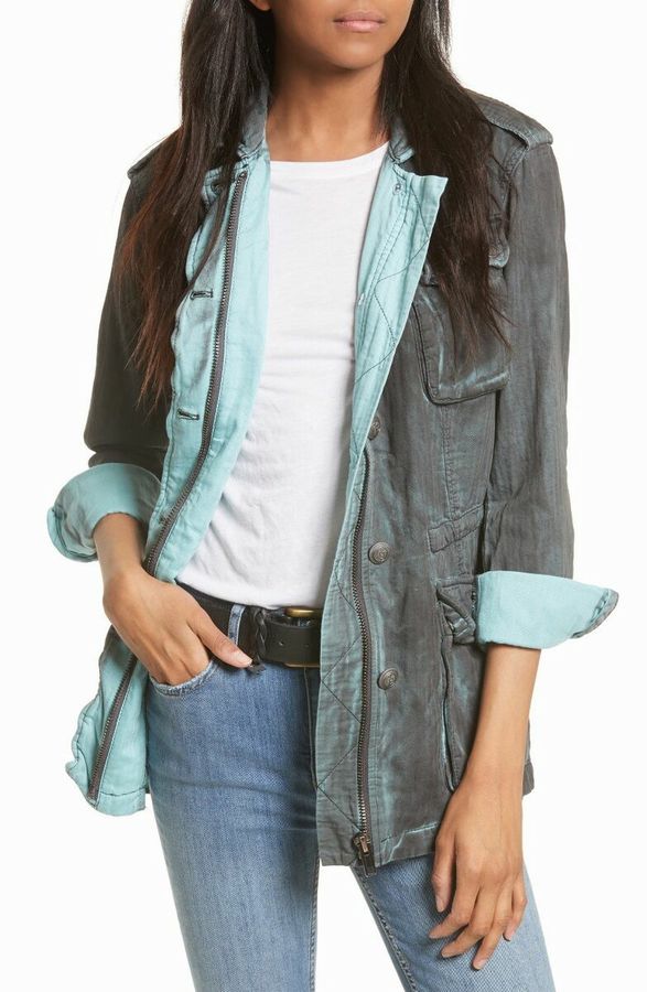 FREE PEOPLE DOUBLE CLOTH BLUE MILITARY JACKET SIZE L