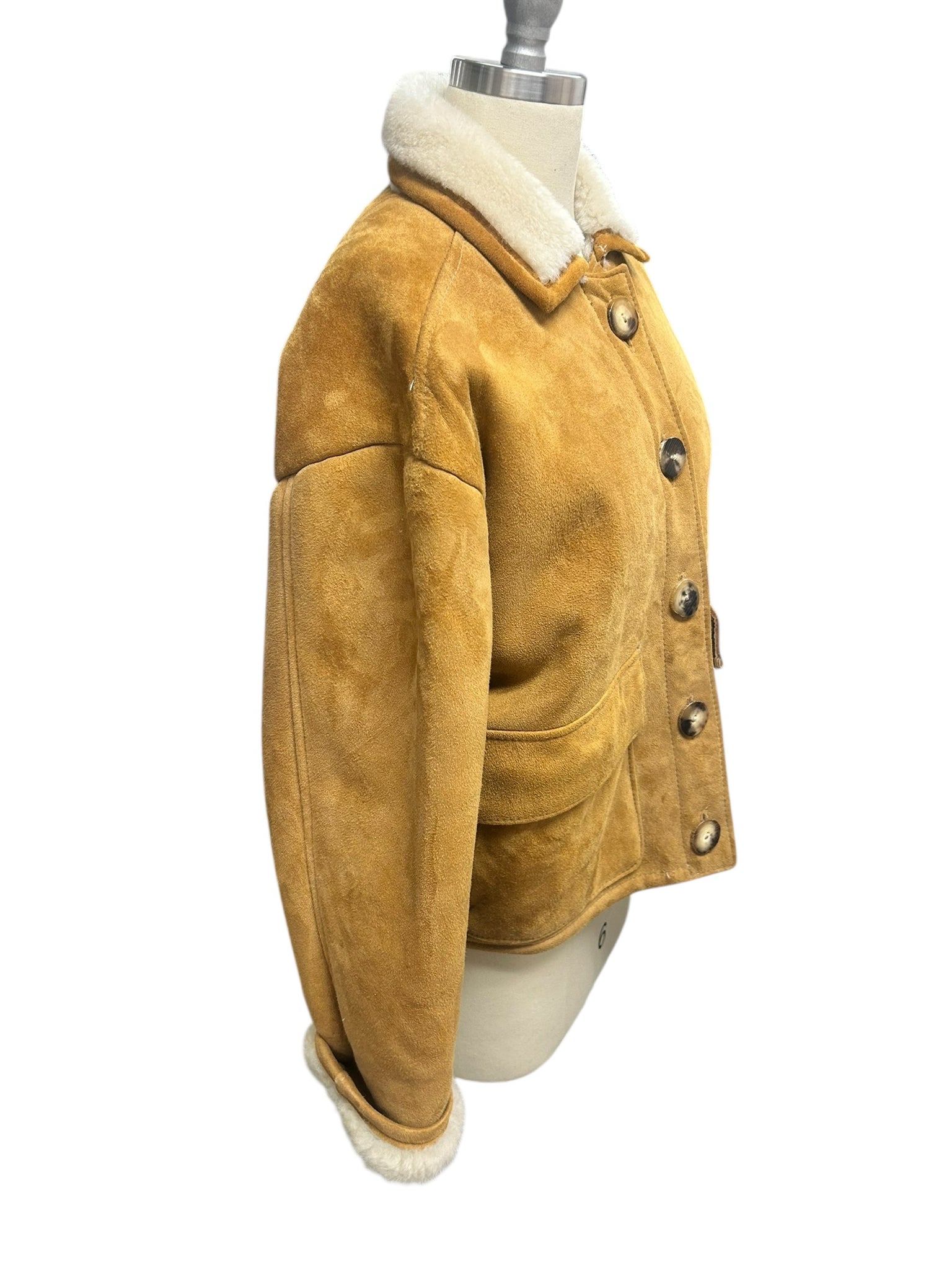 OVERLAND VINTAGE CROP SHEARLING SHEEPSKIN ANTLER BUTTONS SIZE MEDIUM