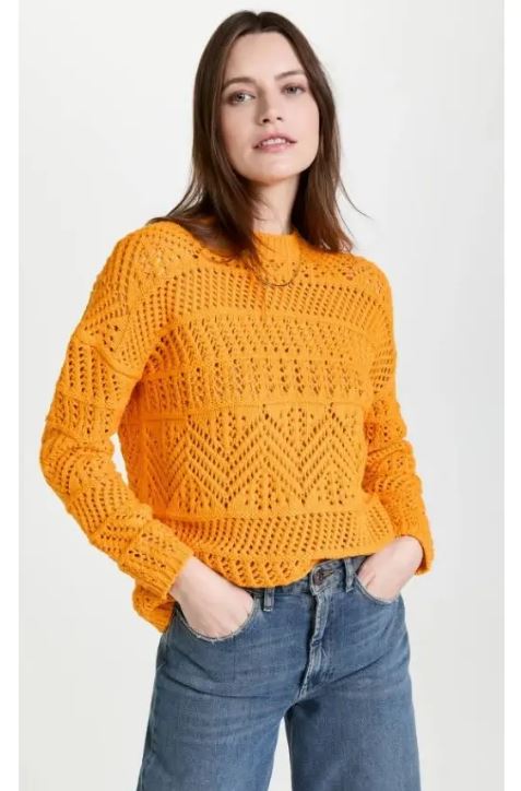 RAG & BONE RENEE COTTON CROCHET CREW NECK SWEATER YELLOW SIZE MEDIUM