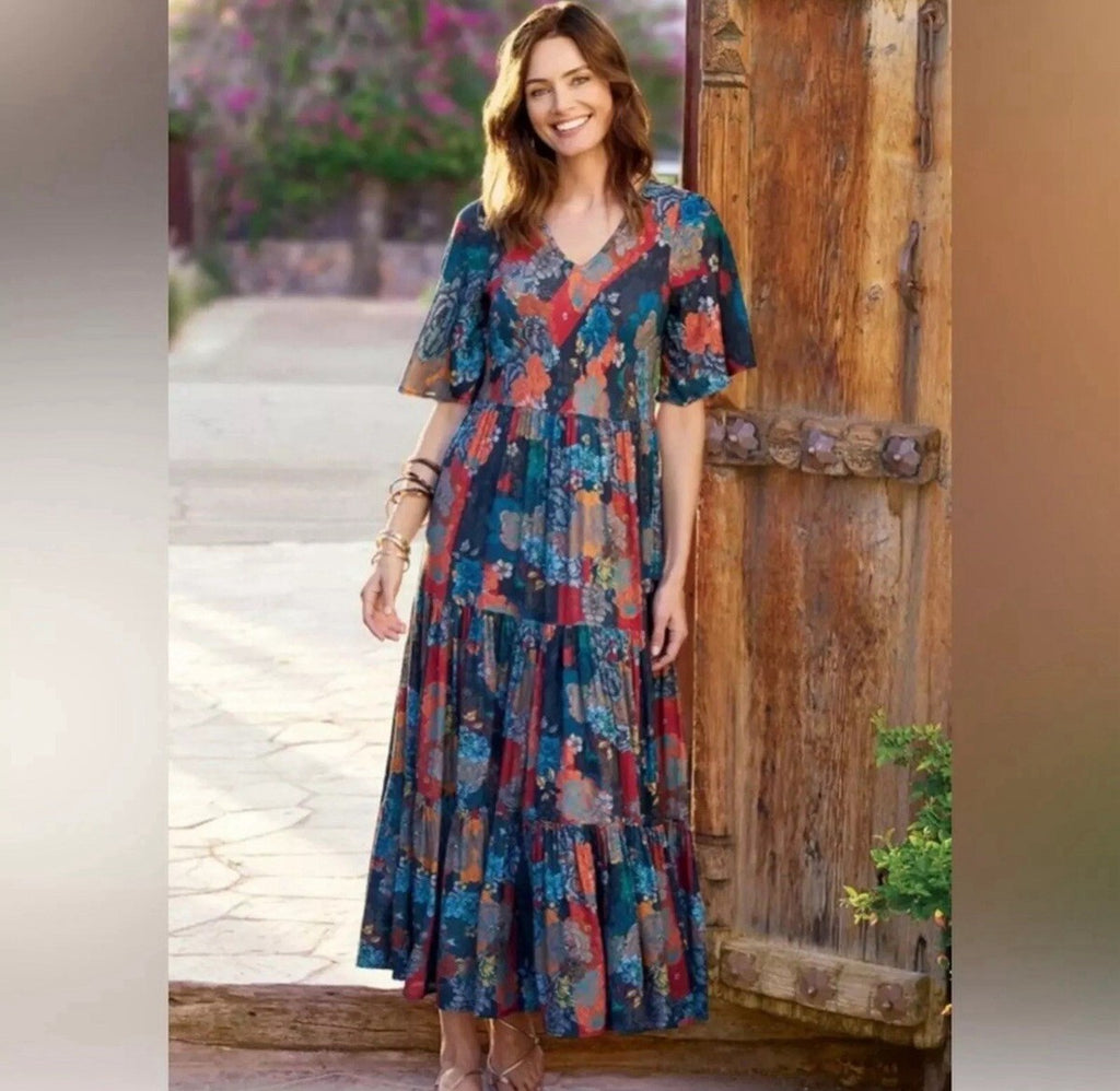 SOFT SURROUNDINGS MIRABELLE TIERED FLORAL PATCHWORK MAXI DRESS SIZE M - WEARHOUSE  CONSIGNMENT