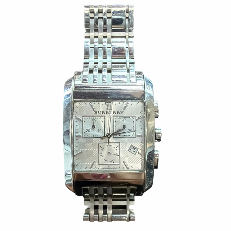 BURBERRY BU1560 CHRONOGRAPH QUARTZ WATCH - NEW BATTERY, LINKS, BOOKLETS, BOX