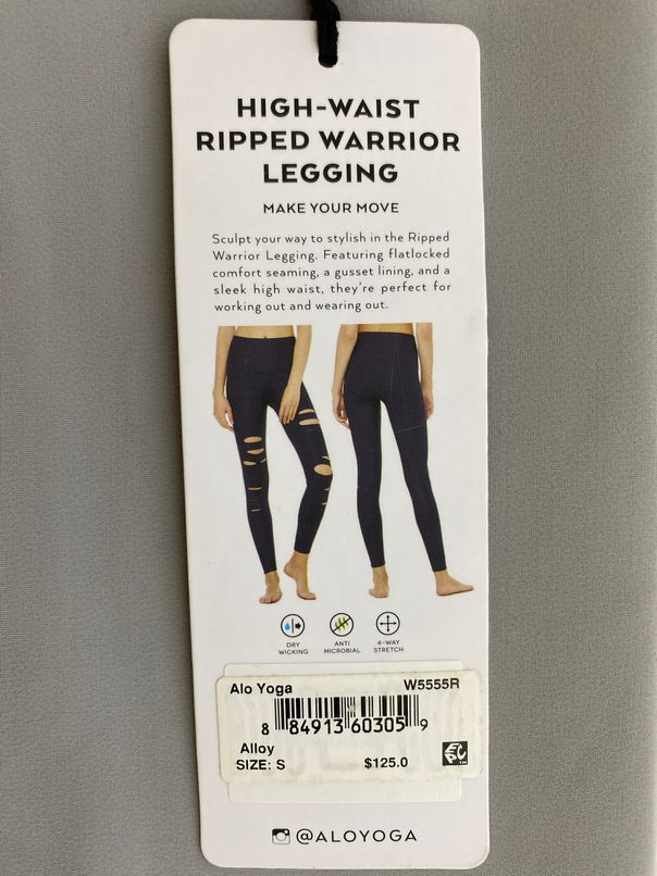 ALO GRAY HIGH-WAISTED RIPPED WARRIOR LEGGINGS SIZE SMALL