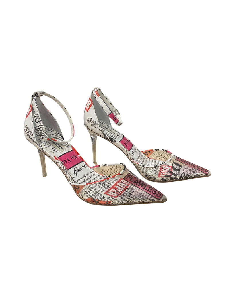 STEVE MADDEN MOXXI NEWSPAPER ANKLE STRAP HEELS SIZE 9