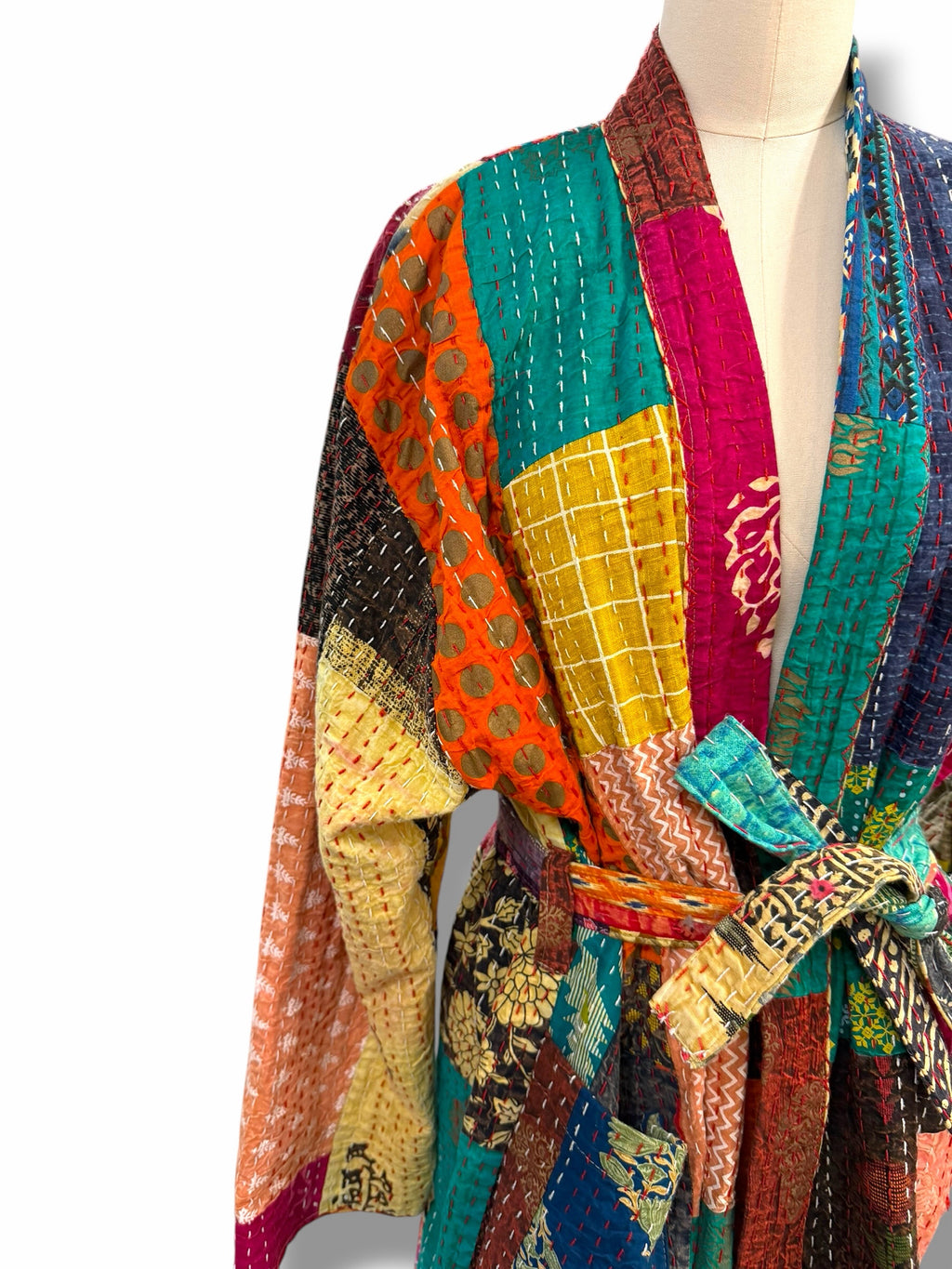 KANTHA UPCYCLED PATCHWORK CONTRAST STITCH BELTED KIMONO ONE SIZE